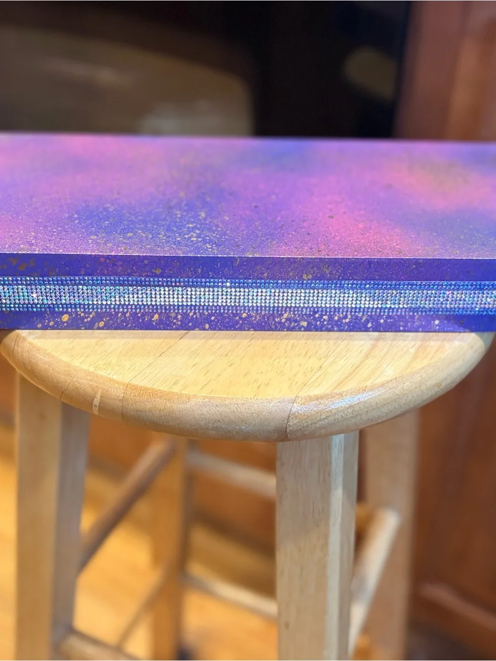 Floating wall shelf purple with metallic gold, splash, and rhinestone trim